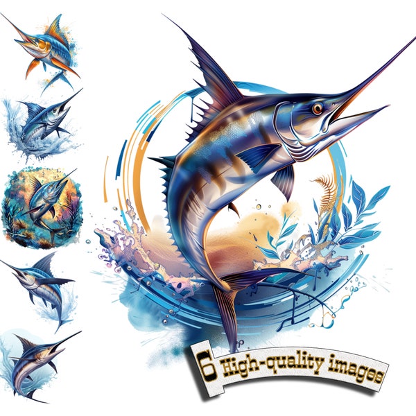 6 Marlin Fisch Clipart, Marlin Fisch Clipart PNG, Angeln, digitale Grafik, Sofort-Download, Marlin druckbar, Sublimationsdesign
