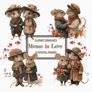 Clipart de 12 ratones en acuarela, encantador Día de San Valentín, ilustraciones de pareja de ratones, uso comercial, descarga digital