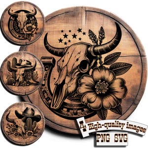 May include: A set of four digital images featuring a skull with horns and a horseshoe, a skull with horns and a horseshoe with a flower, a skull with horns and a horseshoe with a flower and a cactus, and a skull with horns and a horseshoe with a flower and a cactus. The images are in a rustic style with a wooden background.