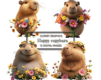 12 Happy Capybara clipart, Cute Capybara PNG, Capybara Printable, Cute Animals
