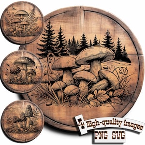 Bundle 4 Pilze Vektorgrafik für Design auf Holz, T-Shirts, Schiefer, Leinwand, Tassen, Lasergravur, Schneidebrettdesign, PNG / SVG