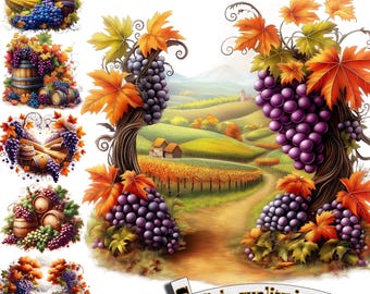 May include: A digital illustration of a vineyard landscape with two grapevines framing the scene. The vines have clusters of purple grapes and autumn leaves. The background shows a rolling hillside with a dirt road leading to a small village.