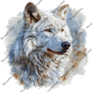 May include: A white wolf with yellow eyes is depicted in a watercolor style. The wolf's fur is detailed with soft, fluffy textures. The background is a light blue and brown watercolor wash.