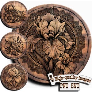 Pacchetto di 4 fiori di iris vettoriali per design su legno, t-shirt, ardesia, tela, tazze, incisione laser. Design per tagliere, PNG/SVG