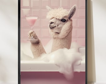 Llama in Bathroom Wall Art, Funny Bathroom Decor, Animal in Bathroom, Animal Art, Alpaсa Gift, Digital Download