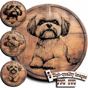 Puede incluir: Una ilustración digital de un perro Shih Tzu sobre un fondo de madera. El perro está sentado con las patas cruzadas y mirando al espectador. La imagen está en blanco y negro y tiene un aspecto vintage.