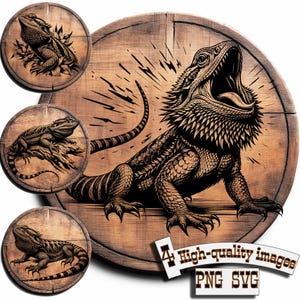 Peut inclure: Illustration détaillée d'un dragon barbu, gueule ouverte, sur fond de bois. L'image comprend trois petites illustrations circulaires du lézard. Le texte "4 images de haute qualité PNG SVG" est également inclus.