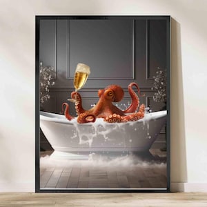 Octopus in Bathroom Wall Art, Funny Bathroom Decor, Animal in Bathroom, Animal Art, Octopus Gift, Digital Download