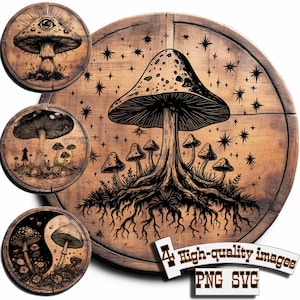 May include: Four digital illustrations of mushrooms on a woodgrain background. The illustrations are in black and white and feature a variety of mushroom shapes and sizes. The background is a light brown woodgrain with a subtle texture.