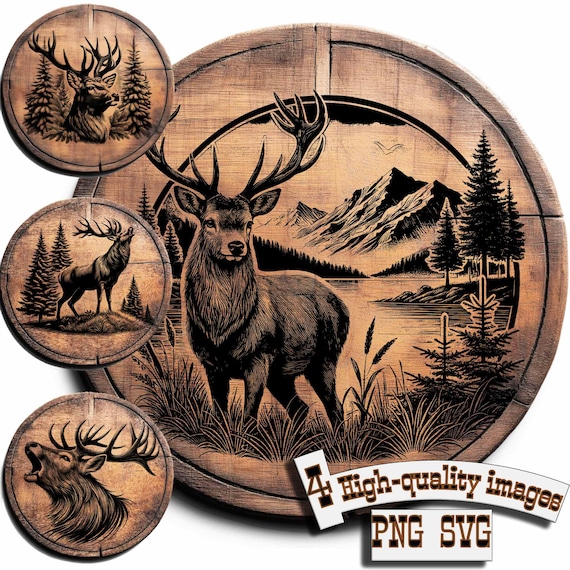 Bundle 4 Deer vector for design on wood, t-shirts, slate, canvas, mugs, laser engraving. PNG/SVG Сutting board
