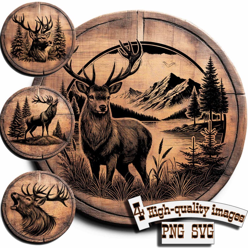 May include: Four digital images of a stag or male deer in a forest setting. The stag is depicted in a realistic style with detailed antlers and a brown and black coat. The background features a mountain range, a lake, and trees. The images are labeled "4 High-quality images PNG SVG".