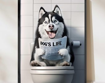 Husky Wall Art, Funny Bathroom Decor, Husky Dog in Toilet, Animal in toilet, Dog Art, Digital Download
