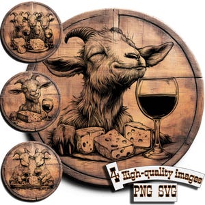 May include: A detailed illustration of a goat enjoying wine and cheese, with additional circular images of goats with wine and cheese. The image is in shades of brown and features the text "High-quality images PNG SVG".