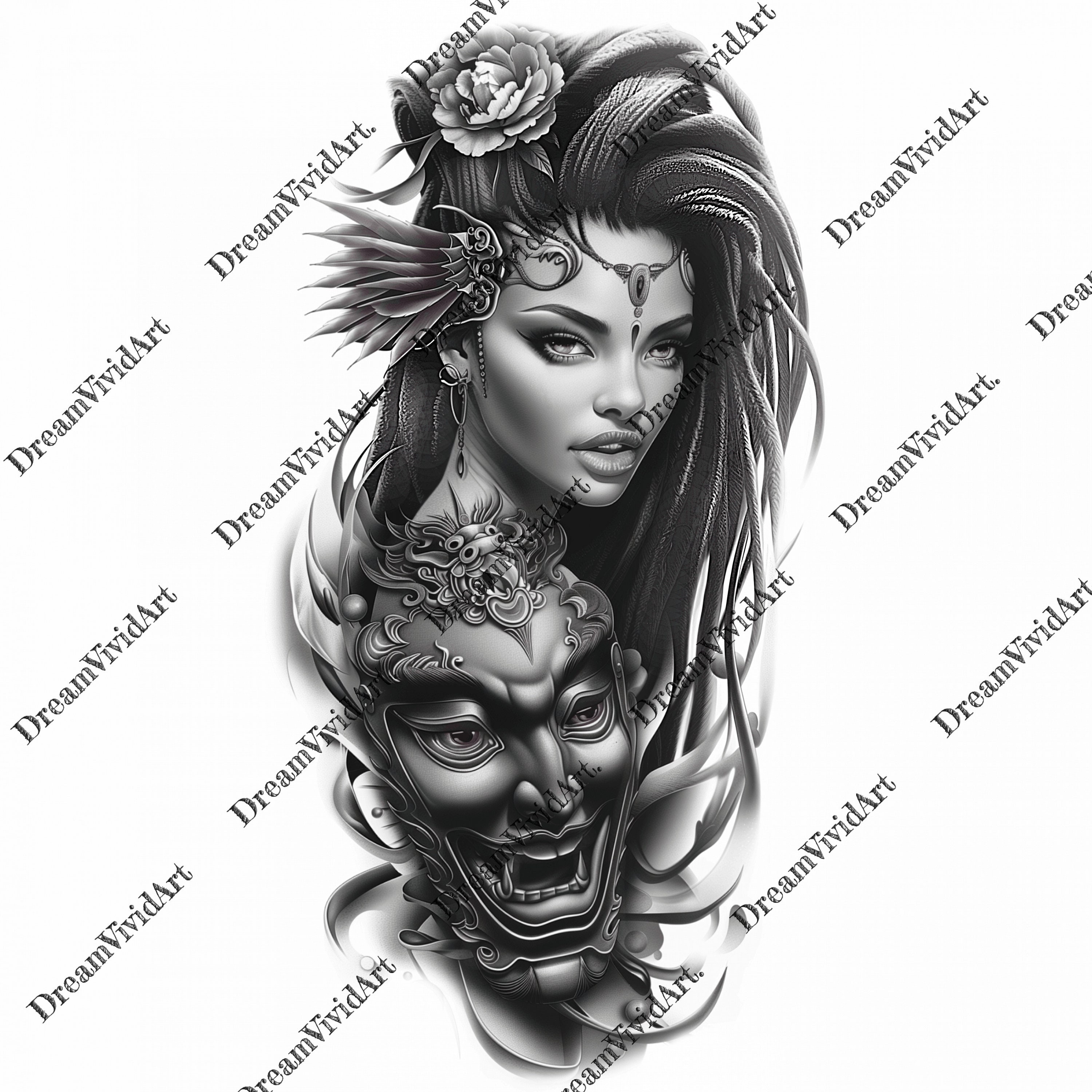 Woman in a Devil's Mask Tattoo Design, Digital Clipart, Woman in a
