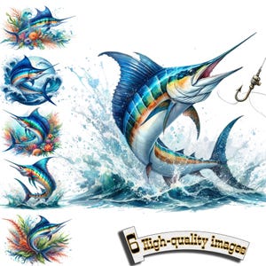 6 Marlin Fisch Clipart, Marlin Fisch Clipart PNG, Angeln, digitale Grafik, Sofort-Download, Marlin druckbar, Sublimationsdesign