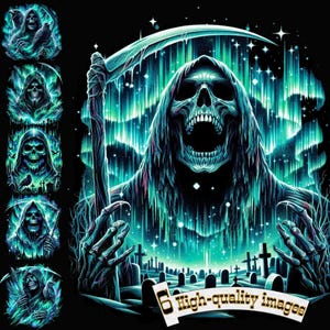 Könnte beinhalten: Eine digitale Illustration des Sensenmanns, dargestellt als skelettartiges Wesen, das eine Kapuzenrobe trägt. Der Sensenmann steht auf einem Friedhof mit einer Sense in der Hand, umgeben von einem wirbelnden grün-blauen Nordlicht.