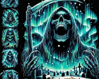 Puede incluir: Una ilustración digital de la Muerte, representada como una figura esquelética que lleva una túnica con capucha. La Muerte está de pie en un cementerio con una guadaña en la mano, rodeada de una aurora boreal verde y azul que gira.