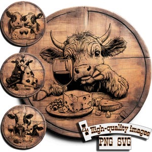 Pacchetto di 4 vettori di vino e formaggio di mucca: design per legno, magliette, ardesia, tela, tazze e incisione laser
