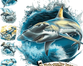 6 clipart requin marteau, requin marteau PNG, requin dans l'eau, sublimation requin marteau, imprimable, animaux aquatiques