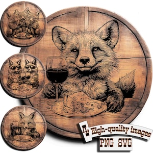 May include: A wooden art piece featuring a fox enjoying wine and cheese. The image includes four smaller circular images of foxes and raccoons. The main image shows a detailed fox illustration with a wine glass and cheese. The text "4 High-quality images PNG SVG" is also present.