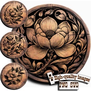 Bundle 4 Magnolia flower, vector for design on wood, t-shirts, slate, canvas, mugs, laser engraving. Cutting Board Design, PNG/SVG