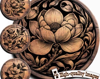 Bundle 4 Magnolia flower, vector for design on wood, t-shirts, slate, canvas, mugs, laser engraving. Cutting Board Design, PNG/SVG