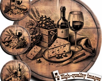 Bundle 4 Wine and Cheese vector for design on wood, t-shirts, slate, canvas, mugs, laser engraving. PNG/SVG, Cheese Board Design