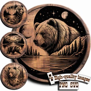 Paquete de 4 Osos, vector para diseño en madera, camisetas, pizarra, lienzo, tazas, grabado láser. Tabla de cortar PNG/SVG.