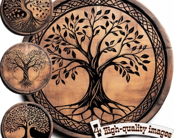 Bundle 4 Tree of life vector for design on wood, t-shirts, slate, canvas, mugs, laser engraving. Cutting Board Design, PNG/SVG