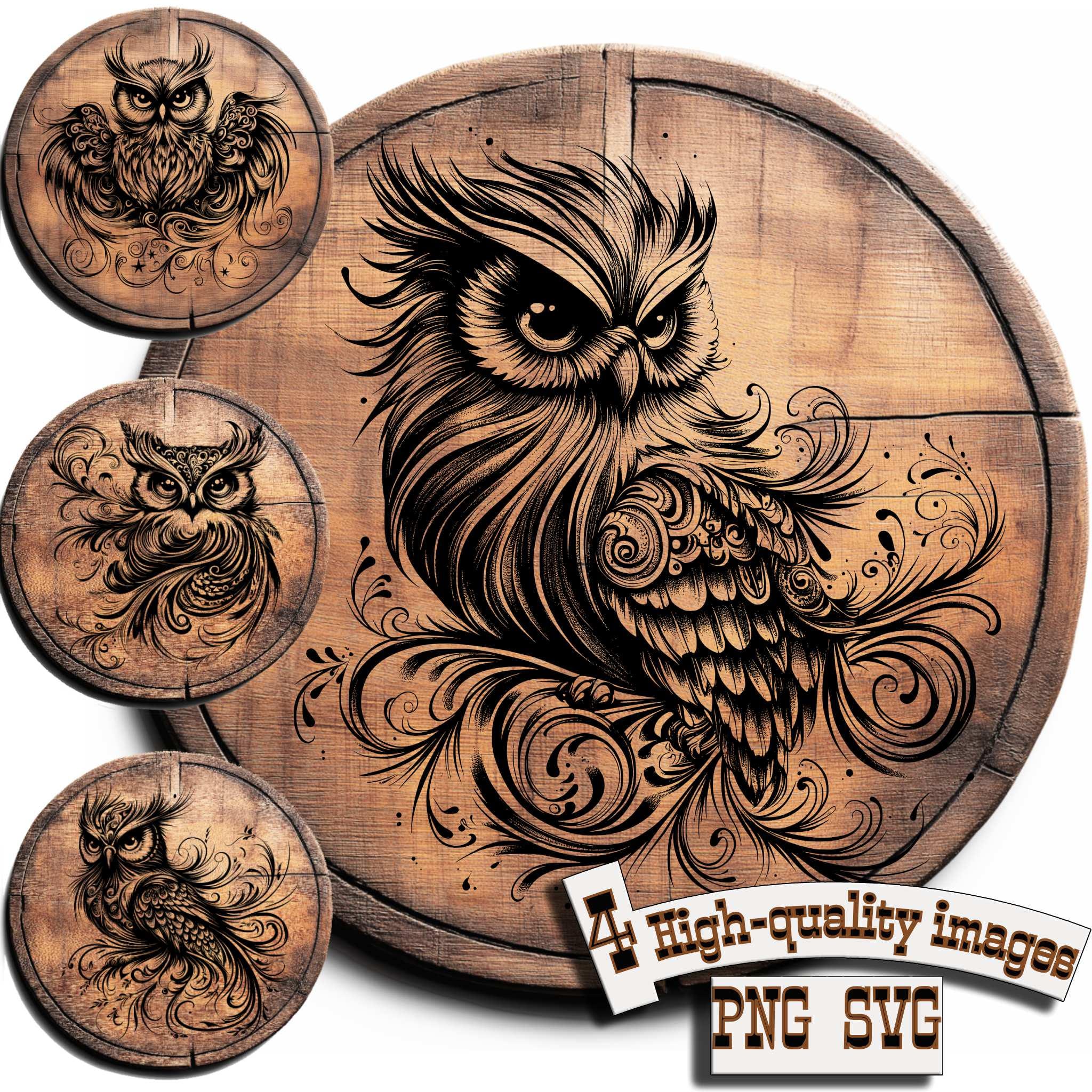 Bundle 4 Owl vector for design on wood, t-shirts, slate, canvas, mugs, laser engraving. PNG/SVG Сut