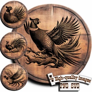 May include: A set of four digital images featuring a pheasant with intricate details. The pheasant is depicted in a black and white design on a woodgrain background. The images are available in PNG and SVG formats.