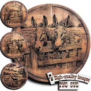 Könnte beinhalten: Holzkunstwerk mit zwei Eseln, die über einen Holzzaun blicken, mit detaillierter Gravur. Zusätzliche kreisförmige Bilder zeigen ähnliche ländliche Szenen mit Eseln und Pferden. Das Kunstwerk ist in Braun- und Beigetönen gehalten, mit dem Text "High-quality images PNG SVG".