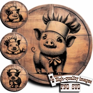 May include: A black and white illustration of a pig wearing a chef's hat and a bow tie. The pig is standing on a wooden background. The image is surrounded by a white border.
