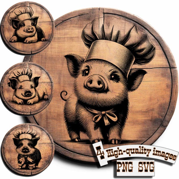 Bundle 4 Cute Pig cook, cute boar vector for design on wood, t-shirts, slate, canvas, mugs, laser engraving. PNG/SVG Сutting board