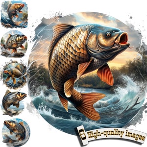 6 Karpfen Fisch Clipart, Karpfen Clipart, Angeln, digitale Grafik, Sofort Download, Karpfen Printable, Sublimationsdesign