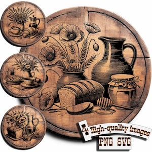 Bundel 4 ontbijt en koffie, vector voor ontwerp op hout, T-shirts, leisteen, canvas, mokken, lasergravure, snijplankontwerp, png/svg