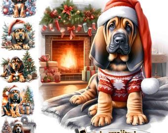 6 Christmas Bloodhound Hunting Dog Clipart: Digital PNG Graphics for Holiday & Outdoor Decor