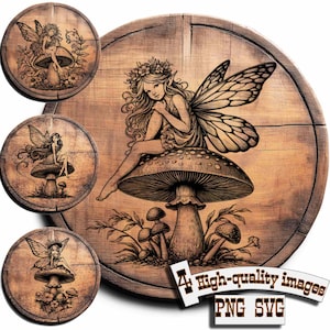 Paquete de 4 hadas sobre setas, vector para diseño en madera, camisetas, pizarra, lienzo, tazas, grabado láser. PNG/SVG