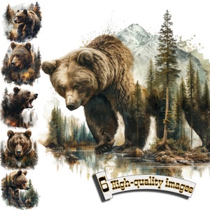 May include: A brown bear walking through a watercolor forest scene with a mountain in the background. The bear is in focus, while the forest and mountain are blurred.