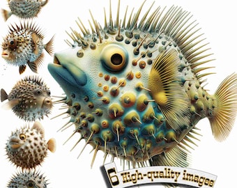 6 Pufferfish Clipart, Fancy fish PNG, Digital Graphic, Instant Download, Digital Download Graphic, Nature Illustration