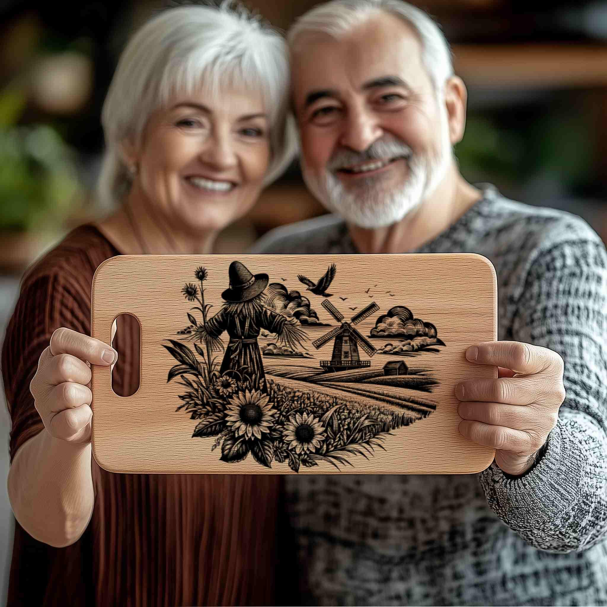 かかしと農場の4つのセット。木材、Tシャツ、スレート、キャンバス