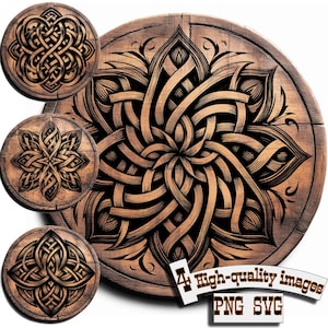 May include: A collection of four wooden art pieces with intricate Celtic knot designs. The main piece features a large, circular design with a central floral pattern. The smaller pieces showcase various knot patterns. The image includes the text "4 High-quality images PNG SVG".