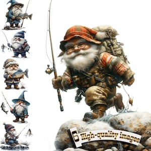 Può includere: Un'illustrazione fantasiosa di un gnomo con una lunga barba bianca che indossa un cappello a quadri rosso e verde e un gilet marrone. Tiene in mano una canna da pesca e porta uno zaino. Lo gnomo è in piedi su uno scoglio con un fiume alle sue spalle. Il testo "6 immagini di alta qualità" è su uno striscione sotto lo gnomo.