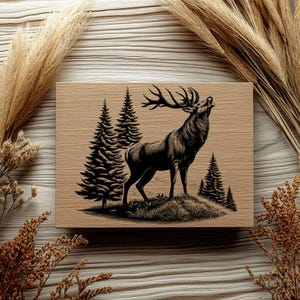 May include: A wood-burned image of a stag with large antlers standing in a forest. The stag is facing the right side of the image and is looking up. The stag is surrounded by trees and grass. The image is on a wooden background.