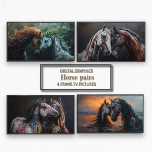 May include: Four digital paintings of horse pairs. Each painting features two horses with colourful, abstract patterns on their coats. The horses are in various poses, including running, standing, and nuzzling. The paintings are framed and ready to hang.