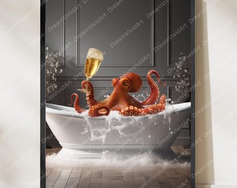 Octopus in Bathroom Wall Art, Funny Bathroom Decor, Animal in Bathroom, Animal Art, Octopus Gift, Digital Download