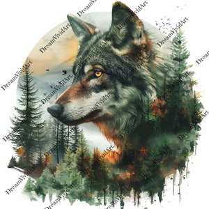 May include: A watercolor painting of a wolf's head with a forest scene behind it. The wolf is looking to the right and has a green, brown, and gray coat. The forest scene is a mix of green and brown trees with a hint of orange and red leaves.