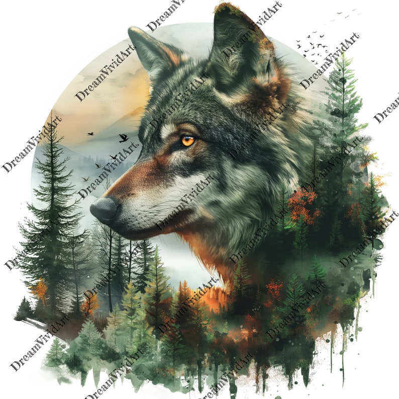 May include: A watercolor painting of a wolf's head with a forest scene behind it. The wolf is looking to the right and has a green, brown, and gray coat. The forest scene is a mix of green and brown trees with a hint of orange and red leaves.