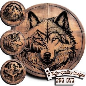 Puede incluir: Una ilustración en blanco y negro de la cabeza de un lobo con una cordillera detrás. La cabeza del lobo está en el centro de un círculo de madera. El texto "4 imágenes PNG SVG de alta calidad" está en la parte inferior del círculo.