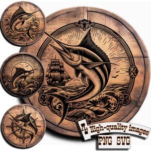 May include: Four circular wood-grain designs featuring a black and white illustration of a marlin fish jumping out of the water. The designs are set against a wood-grain background. The text "4 High-quality images PNG SVG" is at the bottom of the image.